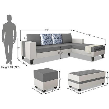 Adorn India Ashley Digitel Print Leatherette Fabric L Shape 8 Seater Sofa Set with 2 Ottoman Puffy & Center Table RHS (Grey & White)