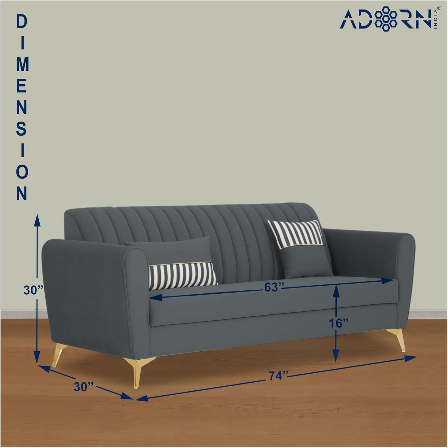 Adorn India Premium Luster 3 Seater | Velvet Suede Fabric | 3-Year Warranty | Color Dark Grey with Golden Legs & Striped Pattern Cushion