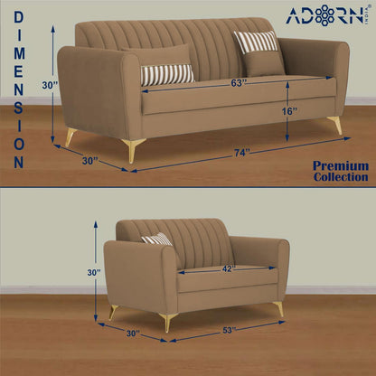 Adorn India Premium Luster 3-2 Sofa Set | Velvet Suede Fabric | 3-Year Warranty | Color Camel with Golden Legs & Striped Pattern Cushion