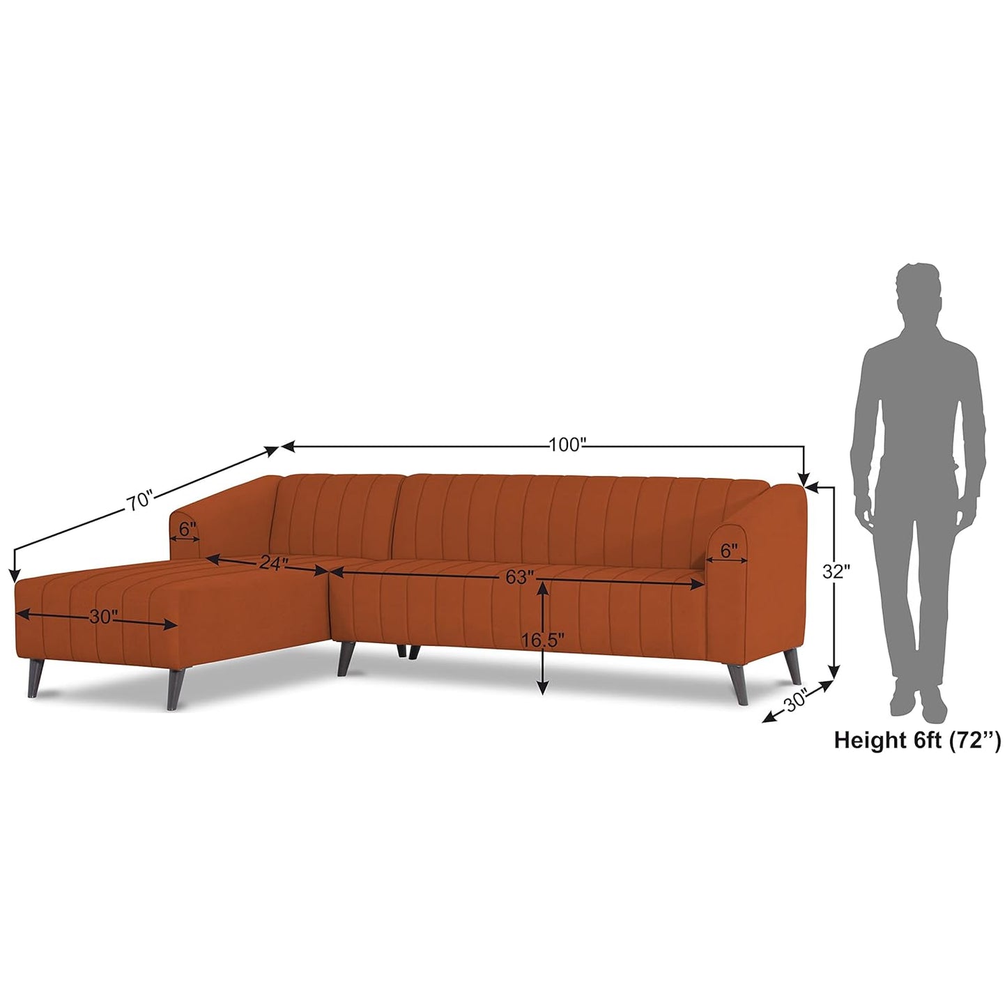 Adorn India Premium Laurel L Shape 6 Seater Sofa Set (LHS) (Rust)