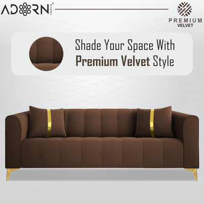 Adorn India Premium Mystic - 3 Years Warranty - 3 Seater Sofa Velvet Suede Fabric -Brown