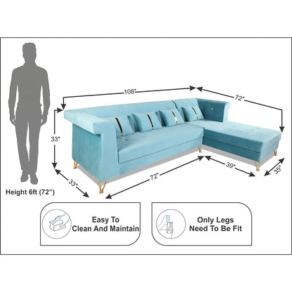 Adorn India Premium Raygan L Shape 6 Seater Sofa Set Right Side (Velvet Fabric Colour Aqua Blue)