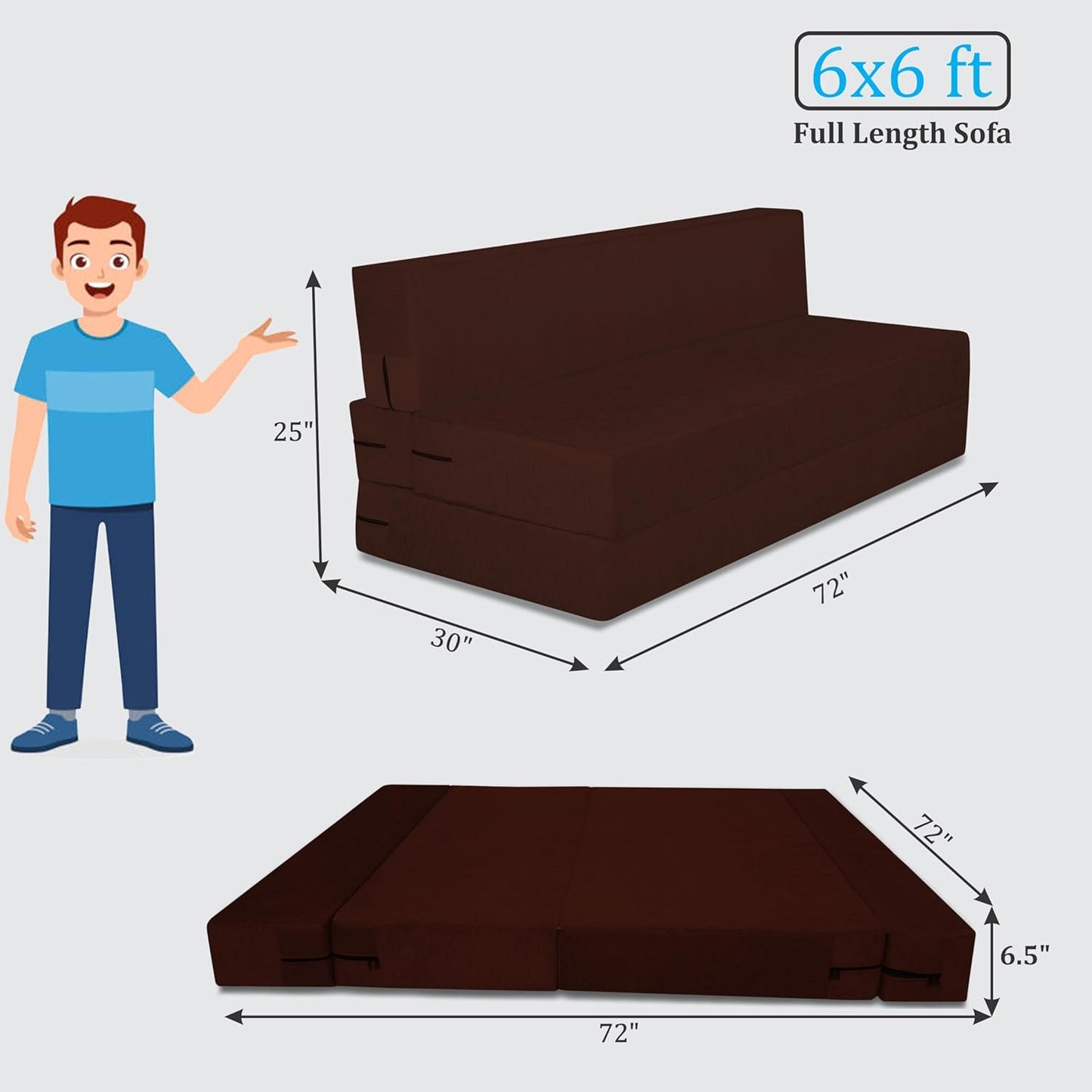 Adorn India Easy 4 Seater Sofa Cum Bed | Velvet Fabric | Brown | Plain Design | 6x6 Ft | Comfortable Seating | Washable Cover | Perfect for Home & Office