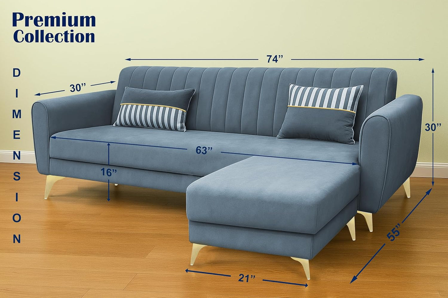 Adorn India Premium Luster 4 Seater L Shape Sofa Set | Velvet Suede Fabric | 3-Year Warranty | Color Grey with Golden Legs & Striped Pattern Cushion