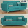 Adorn India Premium Luster 3-2-1 Sofa Set | Velvet Suede Fabric | 3-Year Warranty | Color Aqua Blue with Golden Legs & Striped Pattern Cushion