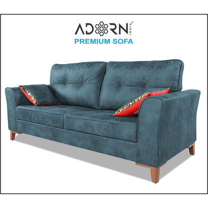 Adorn India Premium Aslaug 3 Seater Sofa (Leatherette Suede Fabric Colour Blue)