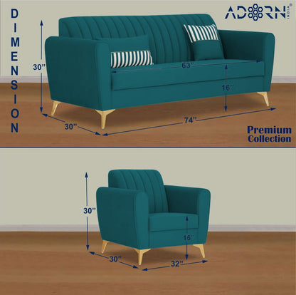 Adorn India Premium Luster 3-1-1 Sofa Set | Velvet Suede Fabric | 3-Year Warranty | Color Ocean Blue with Golden Legs & Striped Pattern Cushion