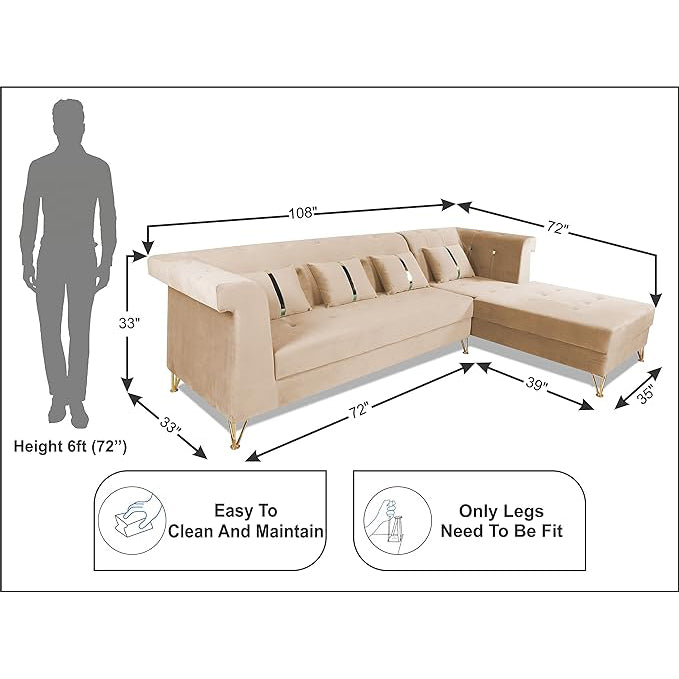 Adorn India Premium Raygan L Shape 6 Seater Sofa Set Right Side (Velvet Fabric Colour Beige)