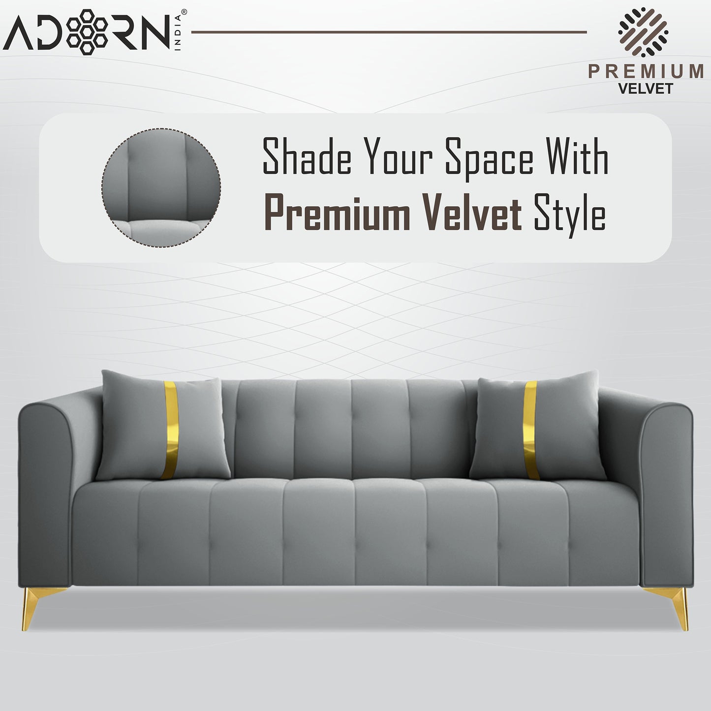 Adorn India Premium Mystic - 3 Years Warranty - 3 Seater Sofa Velvet Suede Fabric -Grey