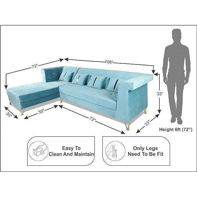 Adorn India Premium Raygan L Shape 6 Seater Sofa Set Left Side (Velvet Suede Fabric Colour Aqua Blue)