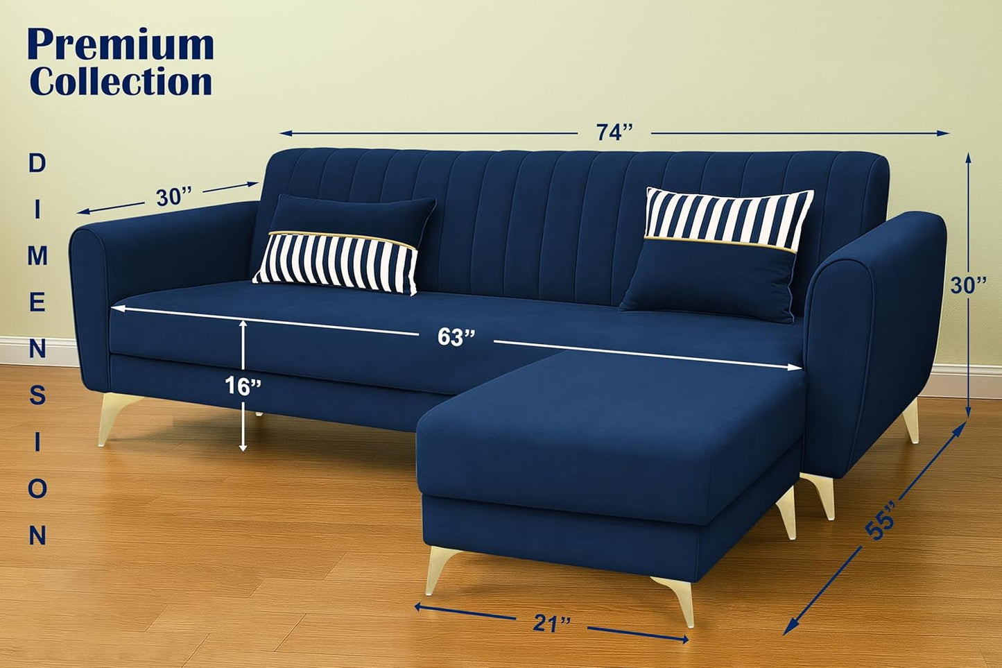 Adorn India Premium Luster 4 Seater L Shape Sofa Set | Velvet Suede Fabric | 3-Year Warranty | Color Blue with Golden Legs & Striped Pattern Cushion
