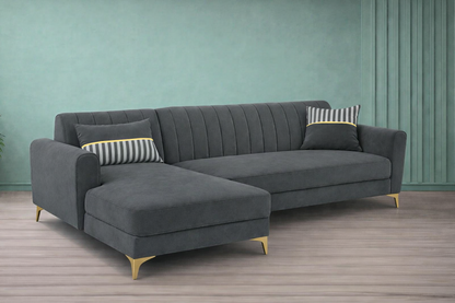 Adorn India Premium Luster 6 Seater L Shape Sofa Set | Velvet Suede Fabric | 3-Year Warranty | LHS |Color Dark Grey with Golden Legs & Striped Pattern Cushion
