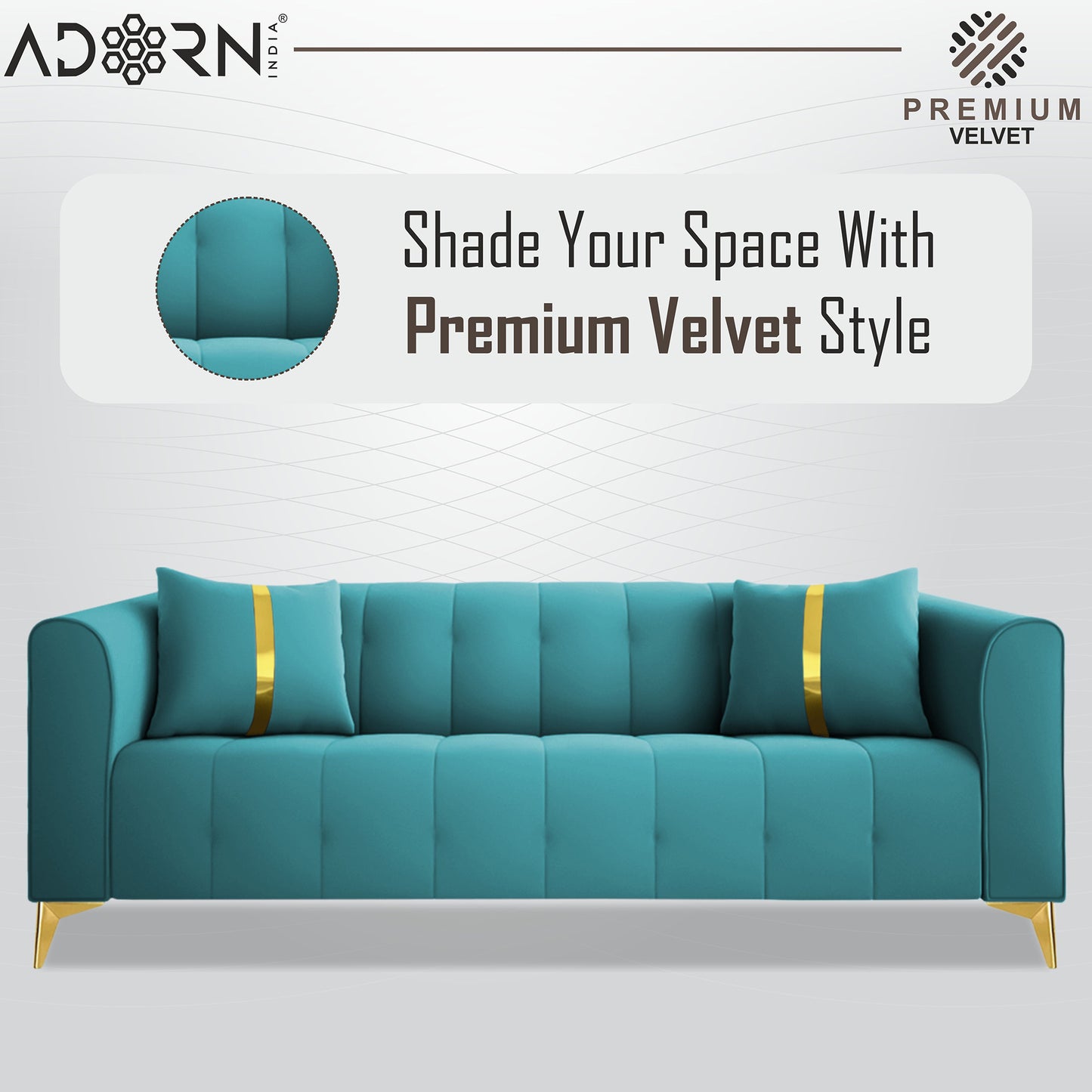 Adorn India Premium Mystic - 3 Years Warranty - 3 Seater Sofa Velvet Suede Fabric - Aqua Blue