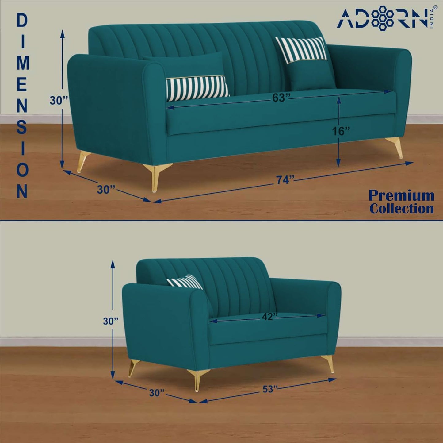 Adorn India Premium Luster 3-2 Sofa Set | Velvet Suede Fabric | 3-Year Warranty | Color Ocean Blue with Golden Legs & Striped Pattern Cushion