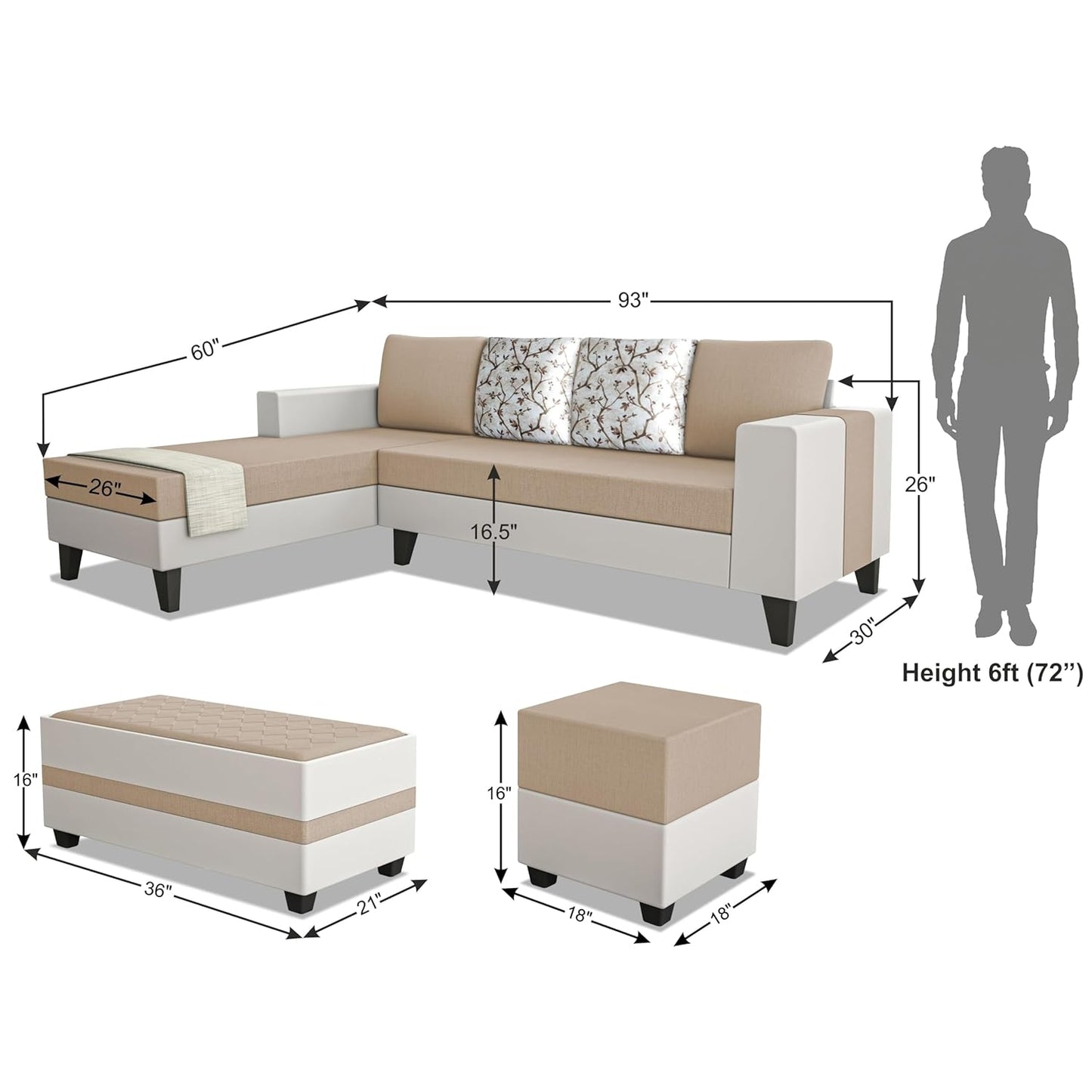 Adorn India Ashley Digitel Print Leatherette Fabric L Shape 8 Seater Sofa Set with 2 Ottoman Puffy & Center Table LHS (Beige & White)