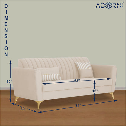 Adorn India Premium Luster 3 Seater | Velvet Suede Fabric | 3-Year Warranty | Color Cream with Golden Legs & Striped Pattern Cushion