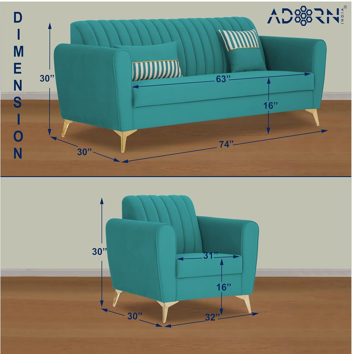 Adorn India Premium Luster 3-1-1 Sofa Set | Velvet Suede Fabric | 3-Year Warranty | Color Aqua Blue with Golden Legs & Striped Pattern Cushion