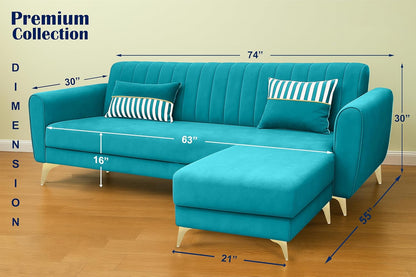 Adorn India Premium Luster 4 Seater L Shape Sofa Set | Velvet Suede Fabric | 3-Year Warranty | Color Aqua Blue with Golden Legs & Striped Pattern Cushion