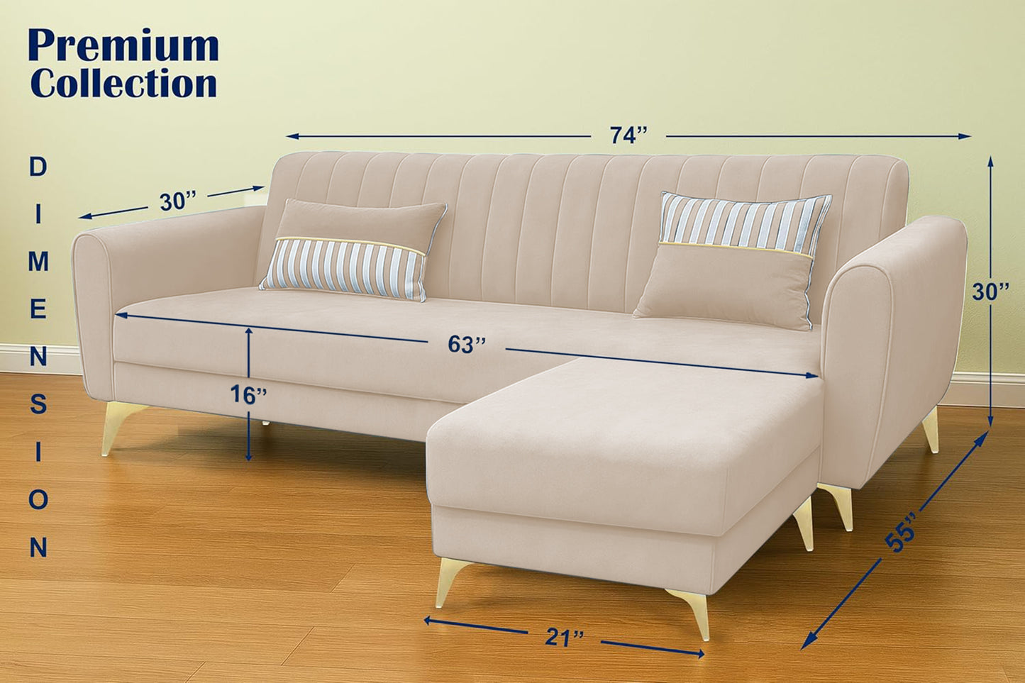 Adorn India Premium Luster 4 Seater L Shape Sofa Set | Velvet Suede Fabric | 3-Year Warranty | Color Cream with Golden Legs & Striped Pattern Cushion