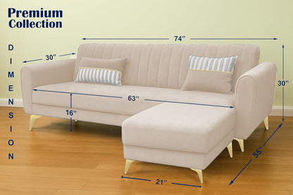 Adorn India Premium Luster 4 Seater L Shape Sofa Set | Velvet Suede Fabric | 3-Year Warranty | Color Cream with Golden Legs & Striped Pattern Cushion