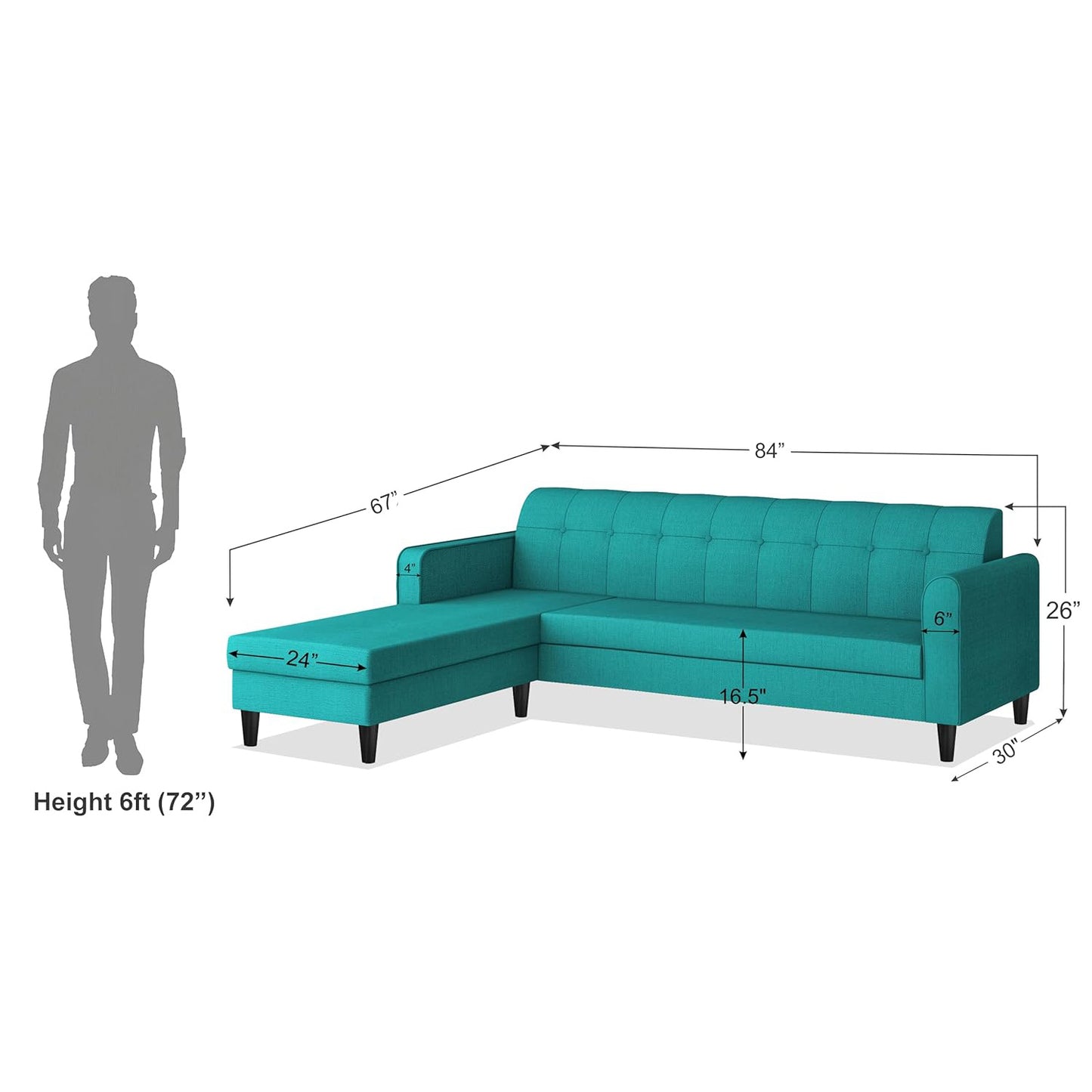 Adorn India Wood Rio Elegant L Shape 5 Seater Sofa Set (LHS) (Aqua Blue)