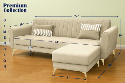 Adorn India Premium Luster 4 Seater L Shape Sofa Set | Velvet Suede Fabric | 3-Year Warranty | Color Beige with Golden Legs & Striped Pattern Cushion