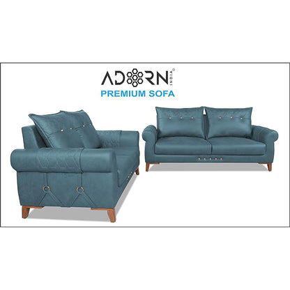 Adorn India Premium Jarvis 3+2 Five Seater Sofa Set (Leatherette Suede Fabric Colour Blue)