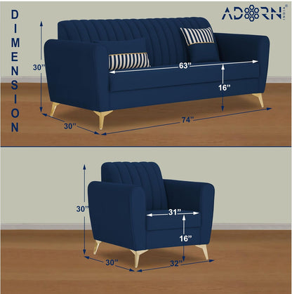 Adorn India Premium Luster 3-1-1 Sofa Set | Velvet Suede Fabric | 3-Year Warranty | Color Blue with Golden Legs & Striped Pattern Cushion