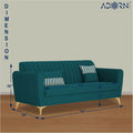 Adorn India Premium Luster 3 Seater | Velvet Suede Fabric | 3-Year Warranty | Color Ocean Blue with Golden Legs & Striped Pattern Cushion