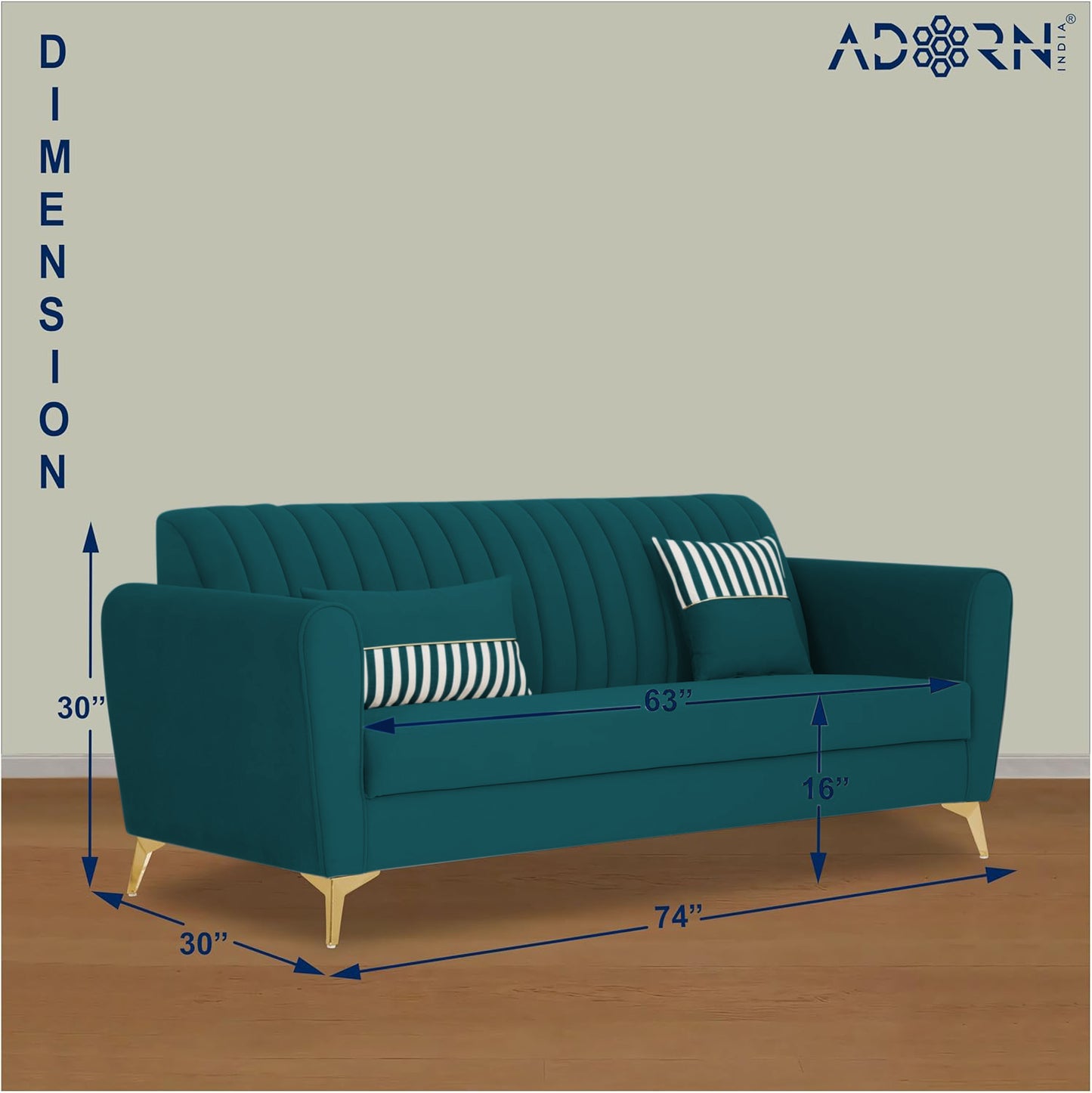 Adorn India Premium Luster 3 Seater | Velvet Suede Fabric | 3-Year Warranty | Color Ocean Blue with Golden Legs & Striped Pattern Cushion