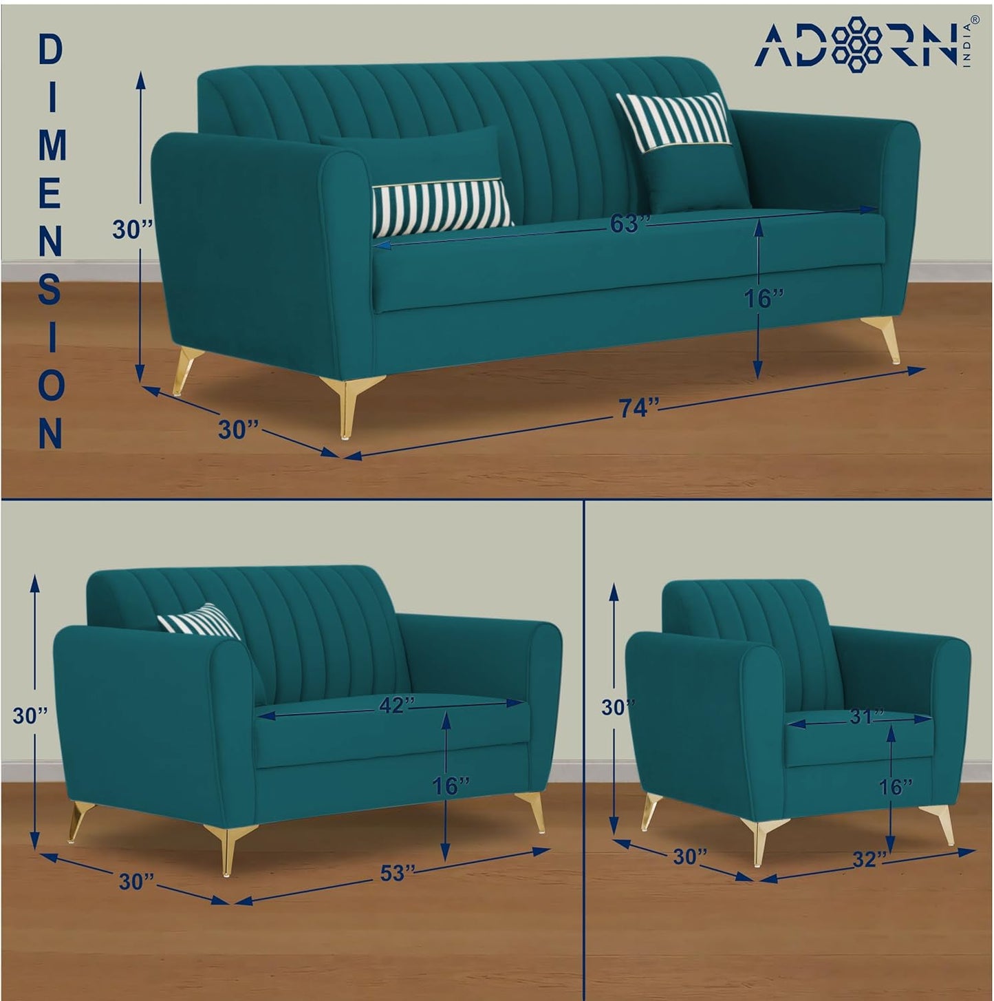 Adorn India Premium Luster 3-2-1 Sofa Set | Velvet Suede Fabric | 3-Year Warranty | Color Ocean Blue with Golden Legs & Striped Pattern Cushion