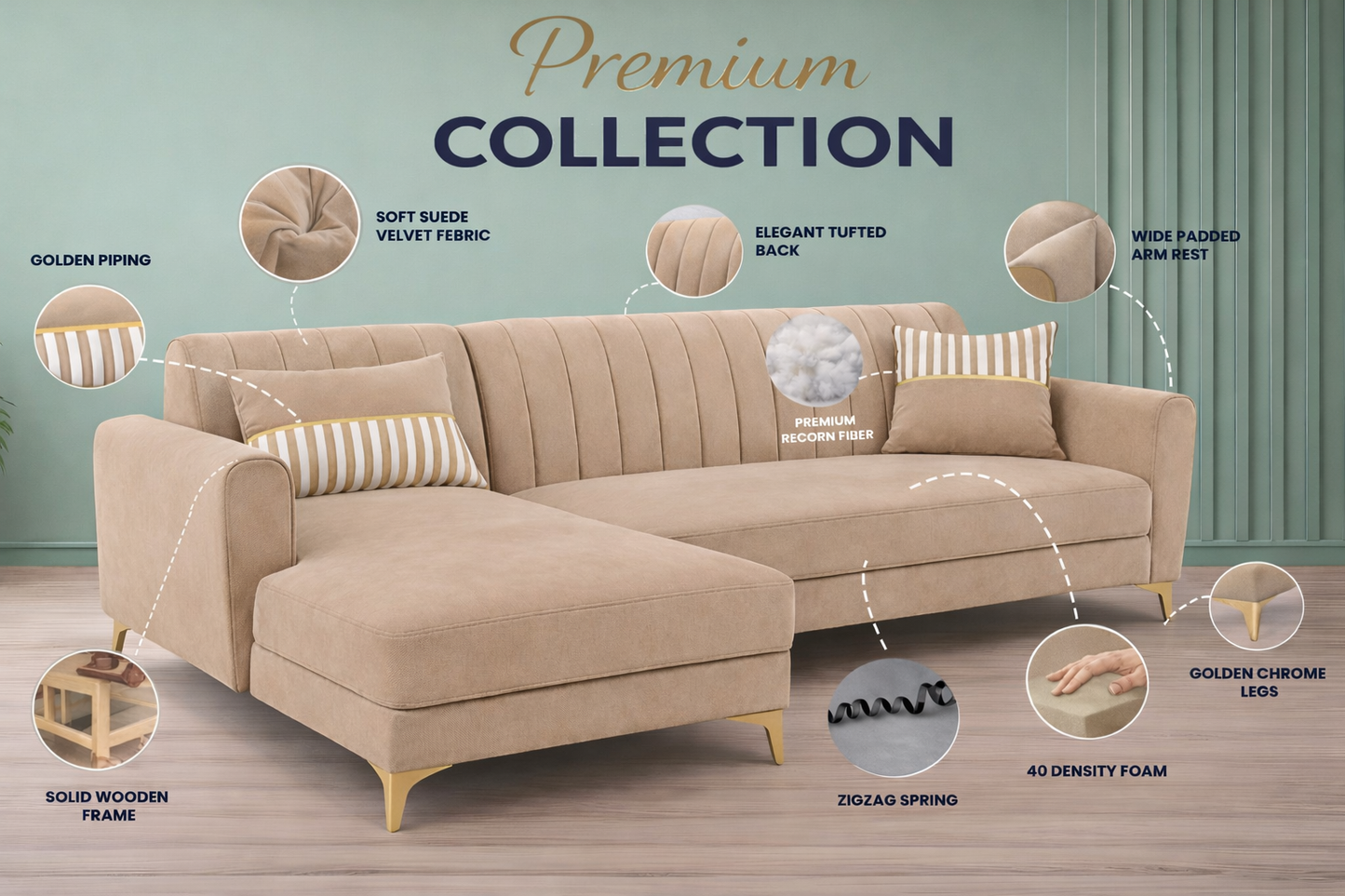 Adorn India Premium Luster 6 Seater L Shape Sofa Set | Velvet Suede Fabric | 3-Year Warranty | LHS |Color Beige with Golden Legs & Striped Pattern Cushion