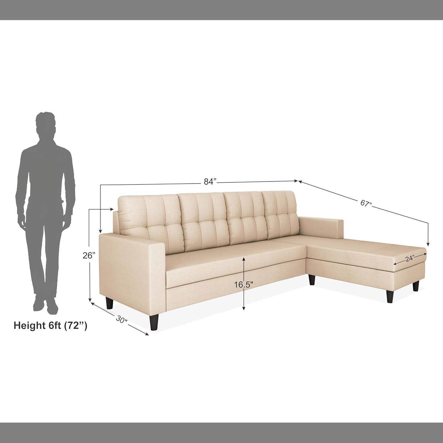 Adorn India Wood Darcy L Shape 5 Seater Sofa Set (RHS) (Beige)