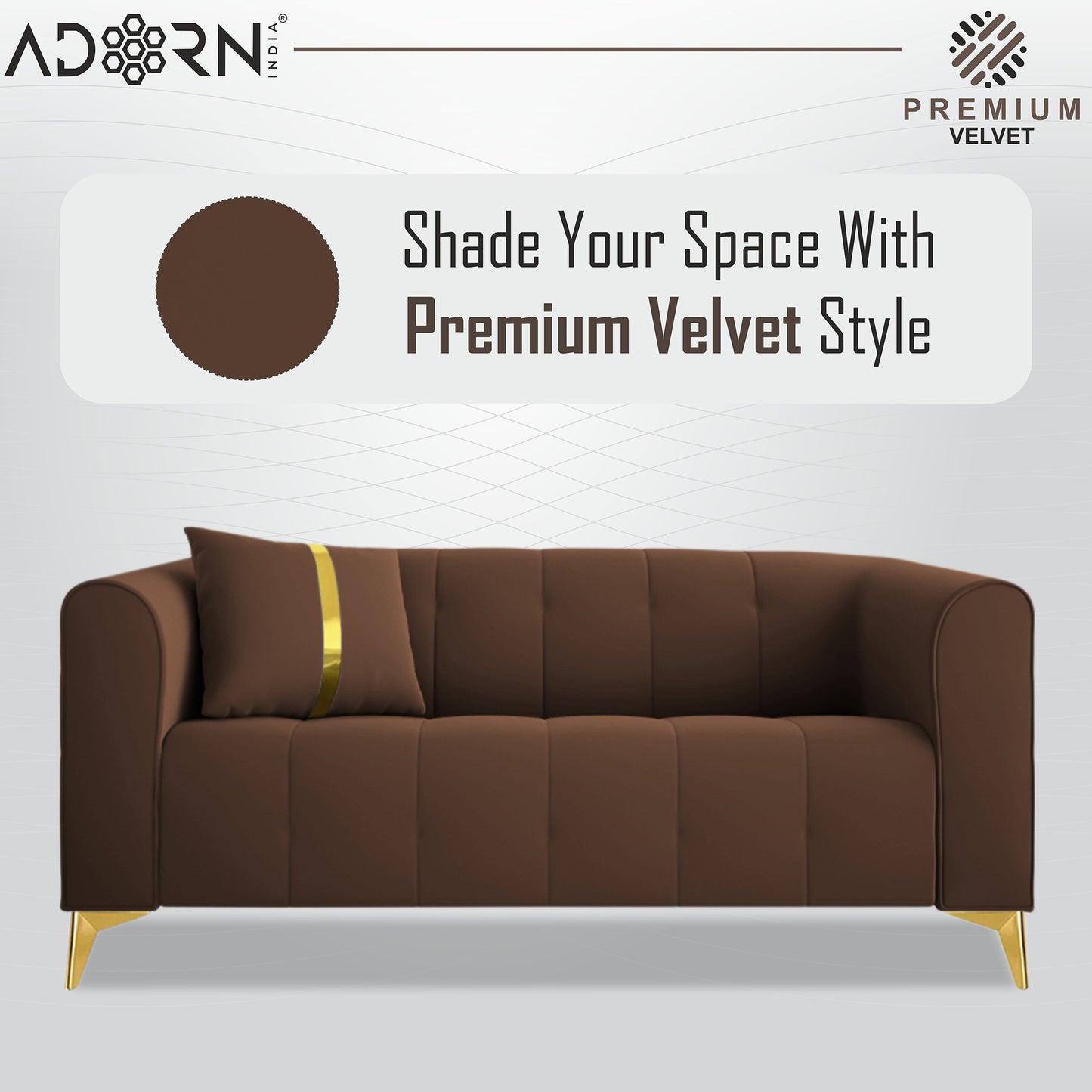 Adorn India Premium Mystic - 3 Years Warranty - 2 Seater Sofa Velvet Suede Fabric - Brown