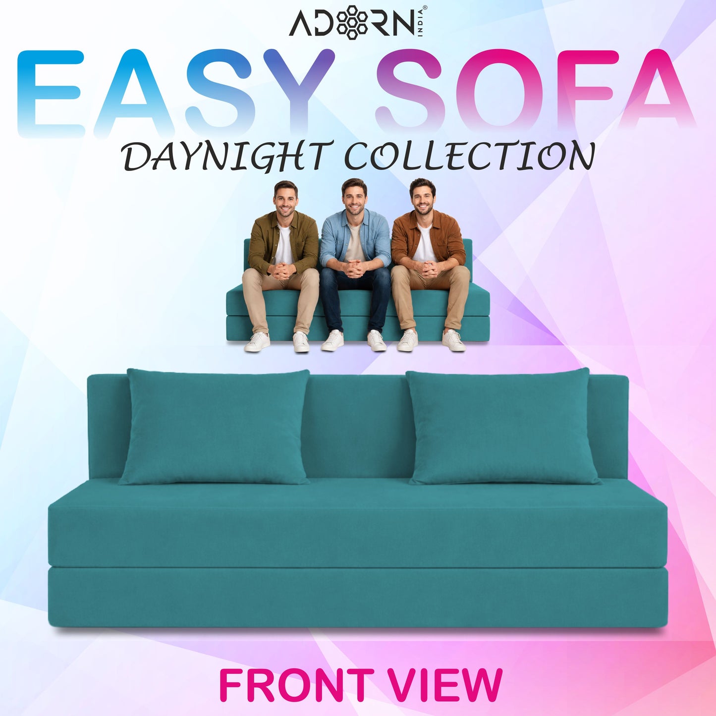 Adorn India Easy 3 Seater Sofa Cum Bed | Velvet Fabric | Aqua Blue | Plain Design | 6x5 Ft | Comfortable Seating | Washable Cover | Perfect for Home & Office