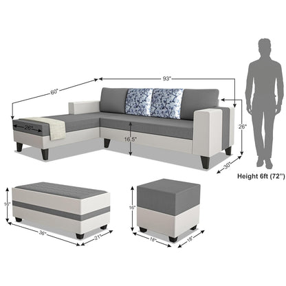 Adorn India Ashley Digitel Print Leatherette Fabric L Shape 8 Seater Sofa Set with 2 Ottoman Puffy & Center Table LHS (Grey & White)