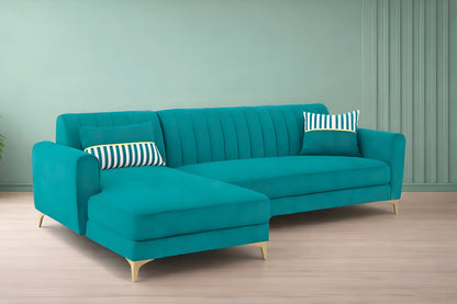 Adorn India Premium Luster 6 Seater L Shape Sofa Set | Velvet Suede Fabric | 3-Year Warranty | LHS |Color Aqua Blue with Golden Legs & Striped Pattern Cushion