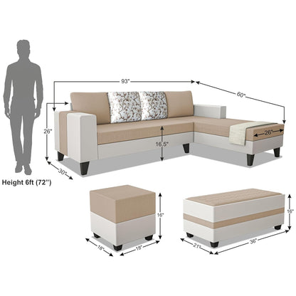 Adorn India Ashley Digitel Print Leatherette Fabric L Shape 8 Seater Sofa Set with 2 Ottoman Puffy & Center Table RHS (Beige & White)