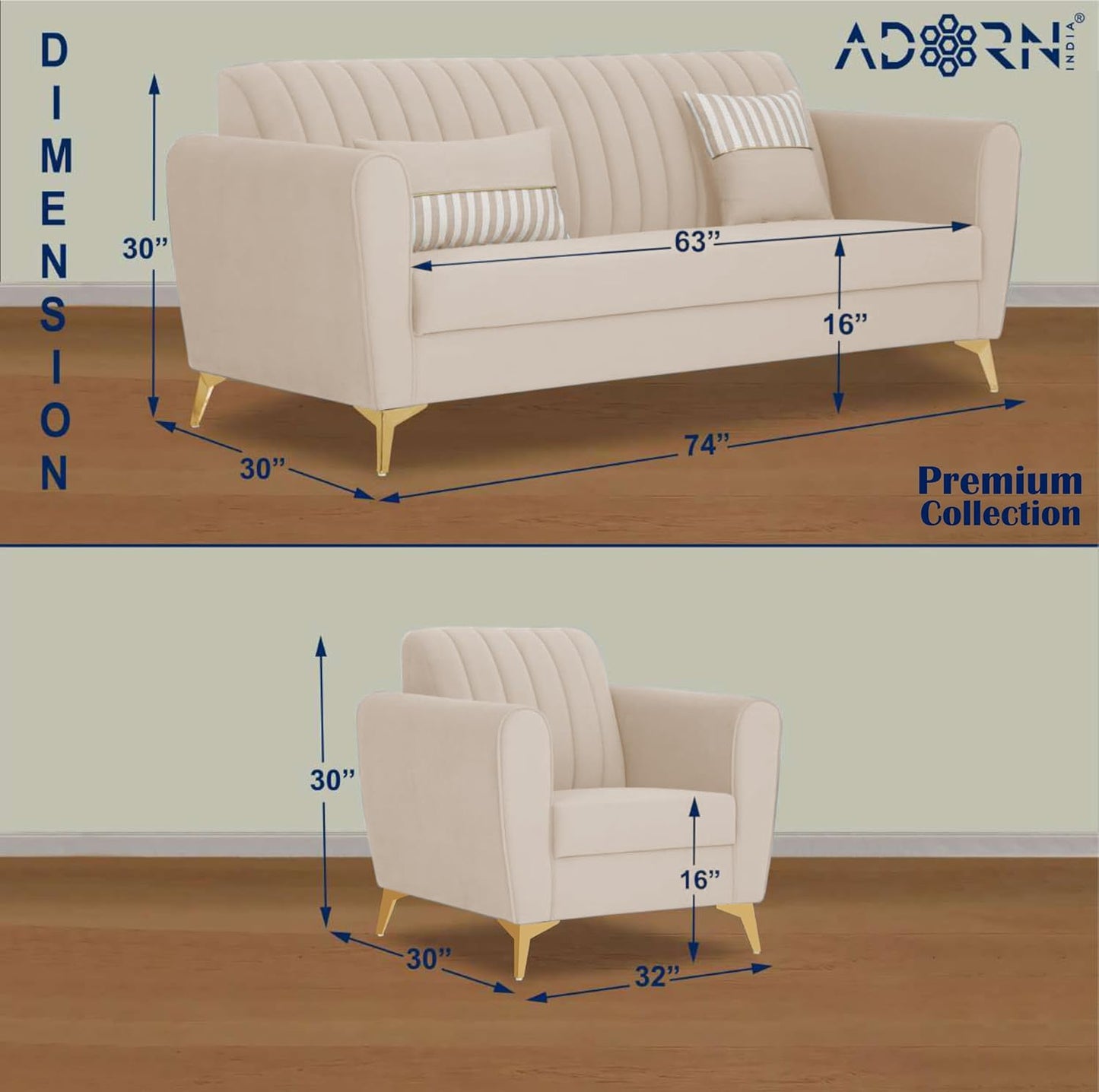 Adorn India Premium Luster 3-1-1 Sofa Set | Velvet Suede Fabric | 3-Year Warranty | Color Cream with Golden Legs & Striped Pattern Cushion