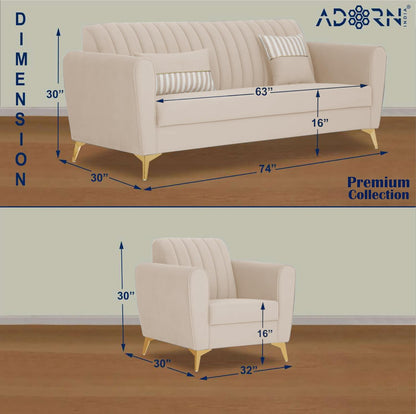 Adorn India Premium Luster 3-1-1 Sofa Set | Velvet Suede Fabric | 3-Year Warranty | Color Cream with Golden Legs & Striped Pattern Cushion