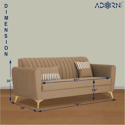 Adorn India Premium Luster 3 Seater | Velvet Suede Fabric | 3-Year Warranty | Color Camel with Golden Legs & Striped Pattern Cushion