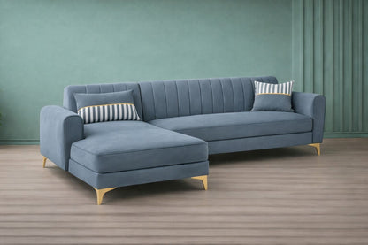 Adorn India Premium Luster 6 Seater L Shape Sofa Set | Velvet Suede Fabric | 3-Year Warranty | LHS |Color Grey with Golden Legs & Striped Pattern Cushion