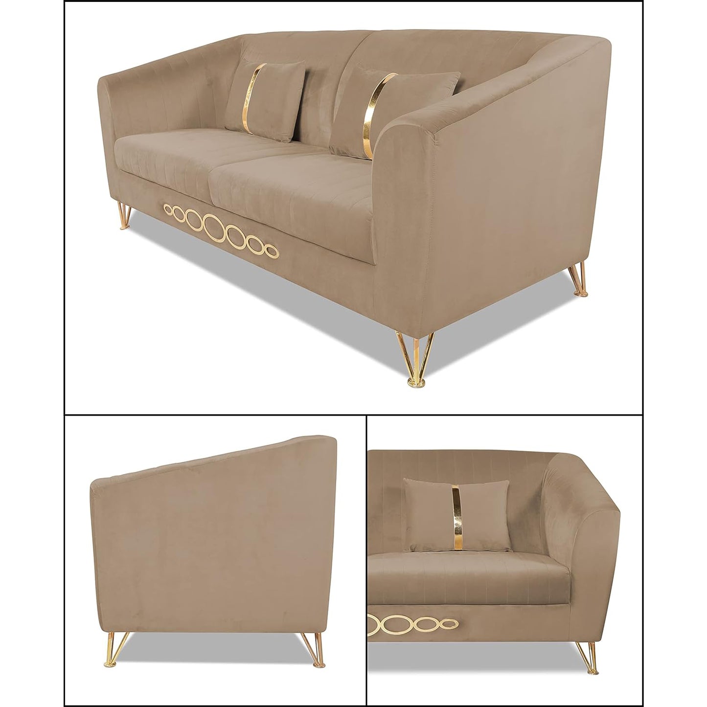 Adorn India Premium Camilla 3 Seater Sofa (Velvet Fabric Colour Camel)