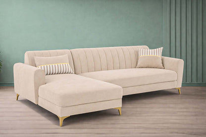 Adorn India Premium Luster 6 Seater L Shape Sofa Set | Velvet Suede Fabric | 3-Year Warranty | LHS |Color Cream with Golden Legs & Striped Pattern Cushion