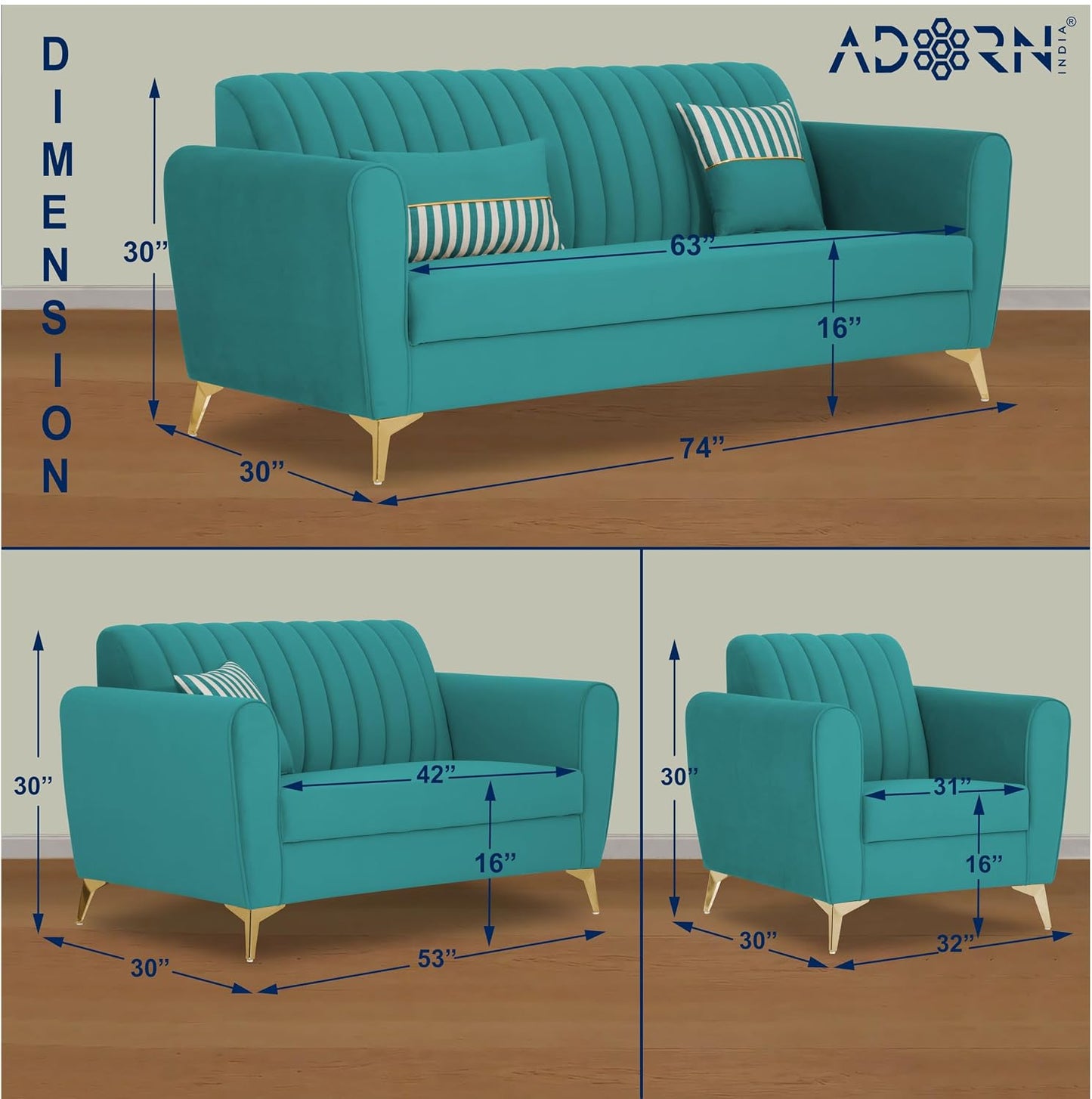 Adorn India Premium Luster 3-2-1 Sofa Set | Velvet Suede Fabric | 3-Year Warranty | Color Aqua Blue with Golden Legs & Striped Pattern Cushion