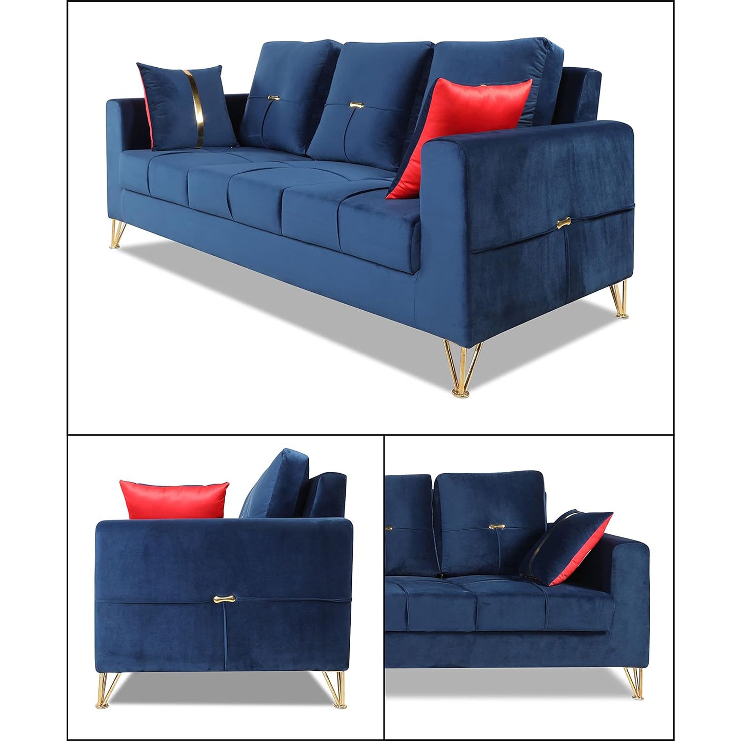 Adorn India Premium Morgan 3 Seater Sofa (Velvet Suede Fabric Colour Blue)