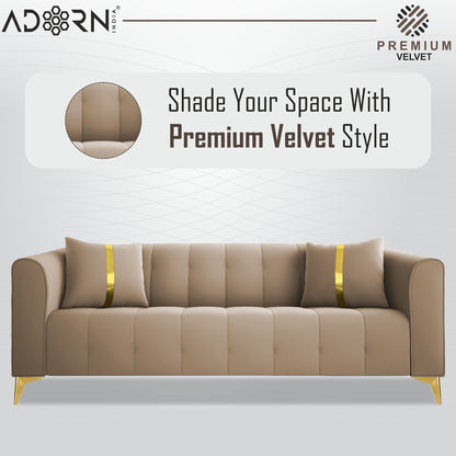 Adorn India Premium Mystic - 3 Years Warranty - 3 Seater Sofa Velvet Suede Fabric - Beige