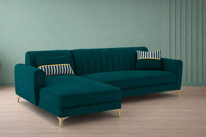 Adorn India Premium Luster 6 Seater L Shape Sofa Set | Velvet Suede Fabric | 3-Year Warranty | LHS |Color Ocean Blue with Golden Legs & Striped Pattern Cushion