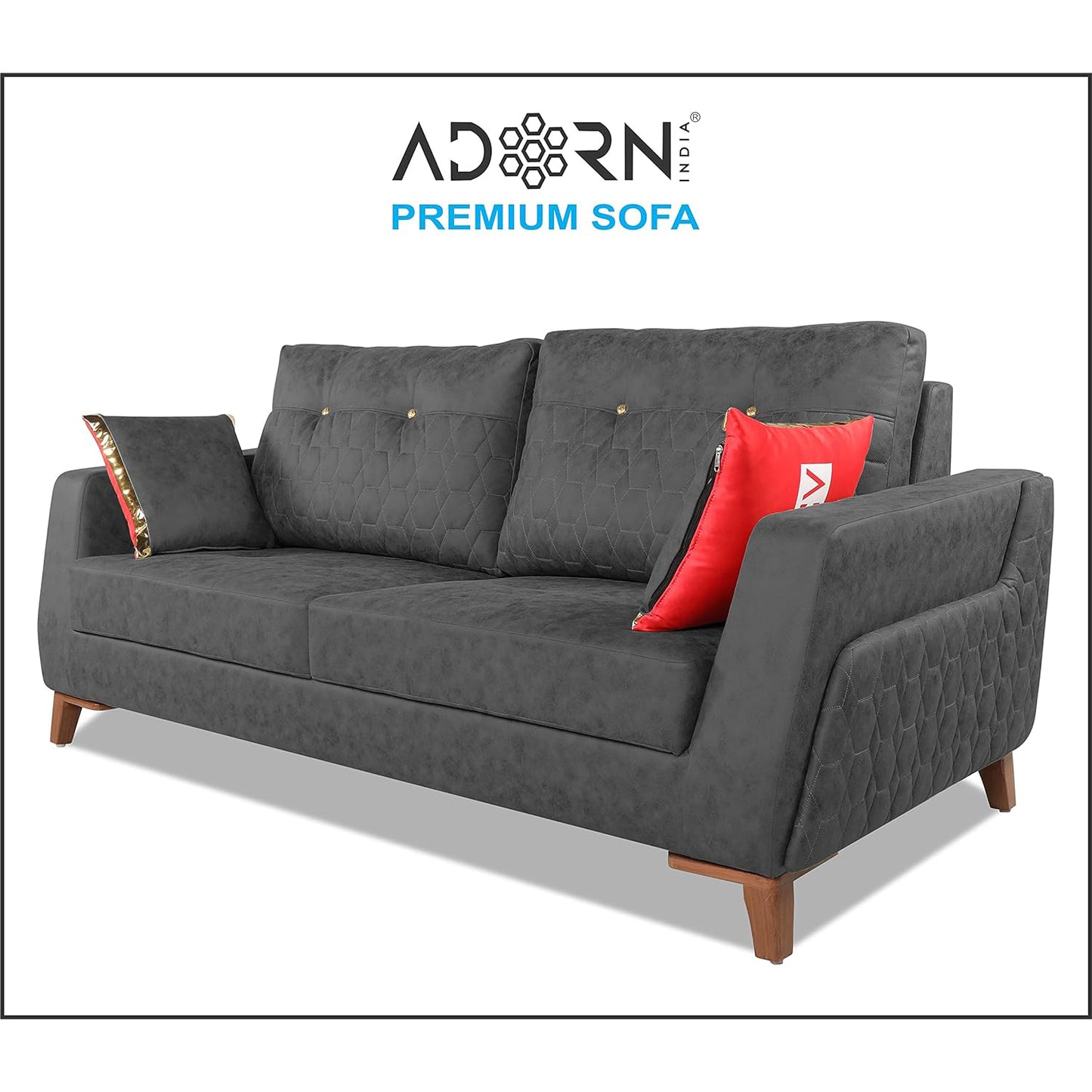 Adorn India Premium Phoenix 3 Seater Sofa (Leatherette Suede Fabric Colour Grey)