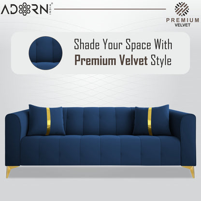 Adorn India Premium Mystic - 3 Years Warranty - 3 Seater Sofa Velvet Suede Fabric - Blue